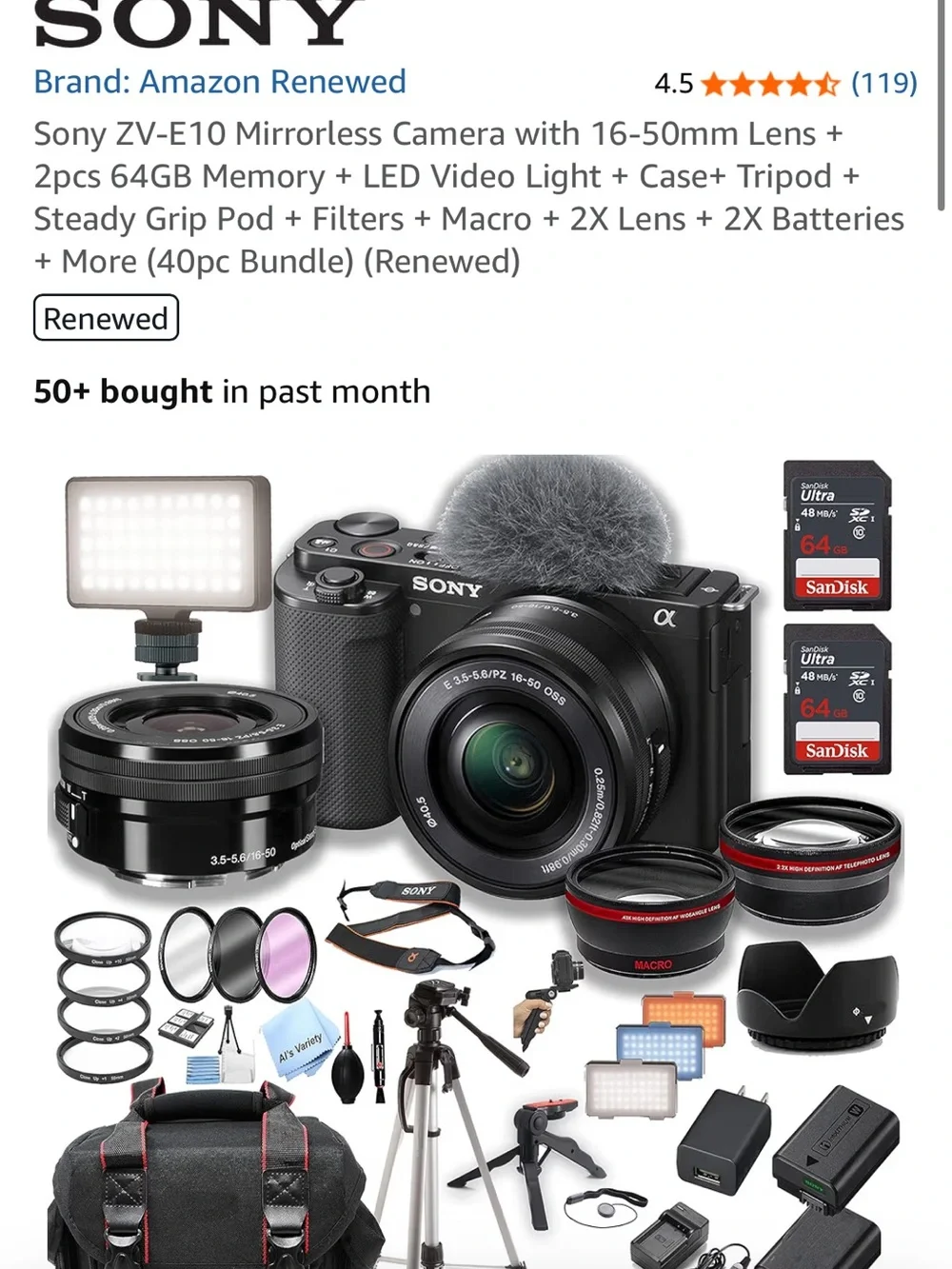 Sony ZV E10 Mirrorless Camera Kit with 2 Lenses & Accessories